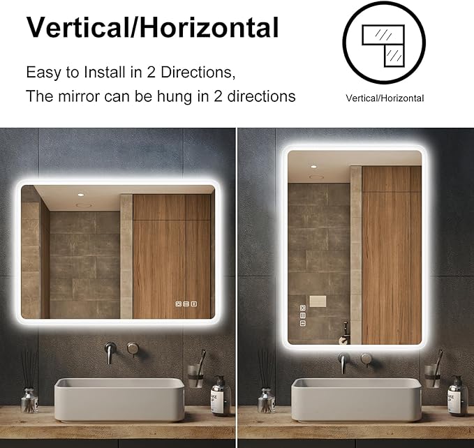 S'bagno 32" x 24" LED Bathroom Mirror with Lights, Bluetooth Speaker, Anti-Fog & Waterproof, Dimmable Wall Mirror with Touch Control, 3 Light Colors, Vertical or Horizontal, Ideal for Family Bathrooms