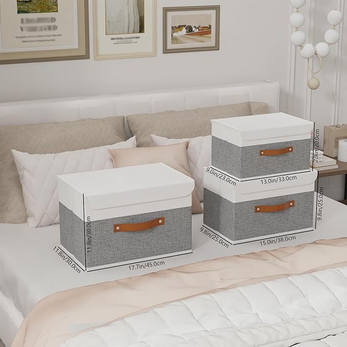 Yawinhe Collapsible Storage Bin, Cube Organizer Basket, Fabric Box with Lids, Washable and Leather Handle, for Home, Closet, White/Grey, 13.0''Lx9.0''Wx7.9''H, 1-Pack, SNK024WGS-1