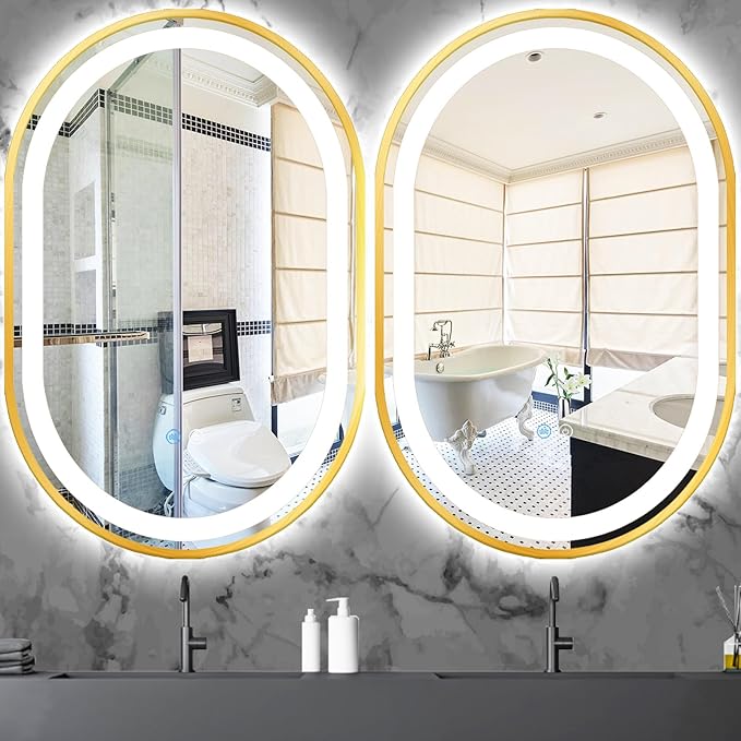 20 x 40 Inch Gold Oval LED Vanity Mirror with Lights Smart Memory 3 Color Dimmable Anti-Fog 40" Gold Framed Oval Lighted Mirror for Bathroom Salon Wall LED Ovals Mirror with Lights Frame