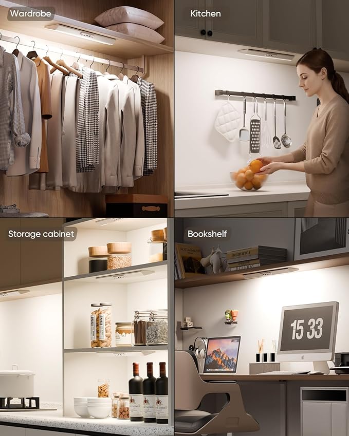 Motion Sensor Closet Lights, Eye Protection Design Cabinet Lighting Wireless with Remote, 3 Color Temps & Dimmable, Magnetic, Rechargeable LED Closet Lighting for Kitchen, Wardrobe, Pantry, 2 Pack