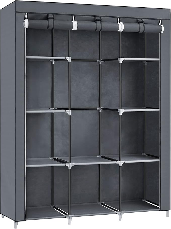 SONGMICS Portable Closet, Clothes Storage Organizer with 10 Shelves, 1 Clothes Hanging Rail, Non-Woven Fabric Closet, Metal Frame, 51 x 17.7 x 66.1 Inches, Grey URYG93G