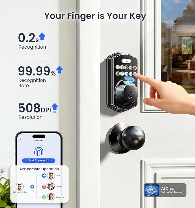 Veise VE012W-K Built-in WiFi Fingerprint Smart Lock with 2 Knobs, No Hub Needed, Remote APP Control, Keyless Entry Door Lock, Smart Deadbolt for Front Door, Auto Locking, Matte Black