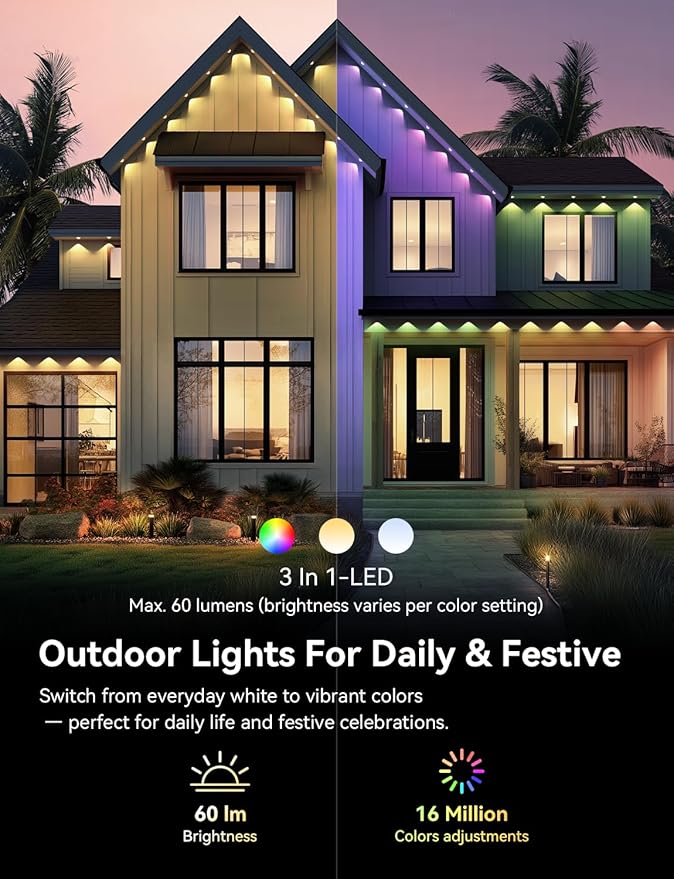 Permanent Outdoor Lights, 100ft RGB+IC Smart Outdoor Lights for House with 50 LED, IP67 Waterproof LED Light for Outdoor Decorations, Work with Remote, APP