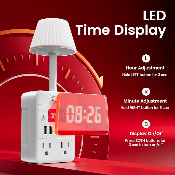 Bedside Power Strip with Lamp & Digital Clock, 4 Outlets 5 USB Ports (2 USBC), 3-Color Temperature Dimmable Bedside Nightstand Light, Multi Plug Outlet Extender for Bedroom Home Office, Coffee Counter