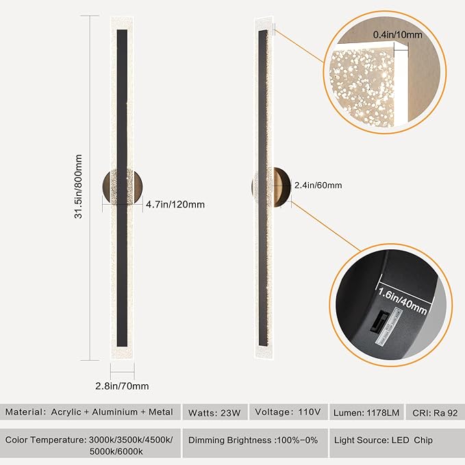Modern Black Wall Sconces 31.5In Hardwired Wall Light Fixtures Dimmable LED Sconce Wall Lighting Indoor Wall Lamps for Living Room Bedroom Bathroom Hallway Stairs
