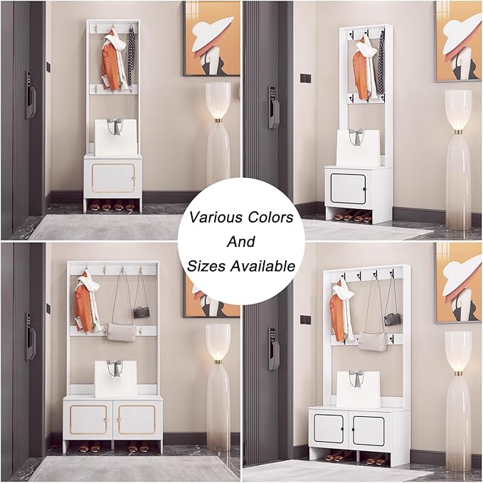 Modern Coat Rack Shoe Bench, 3 In 1 Multifunctional Entryway Organizer with Bench, Shoe Storage and Coat Rack, Entryway Organizer for Small Spaces(White,40cm/16in)