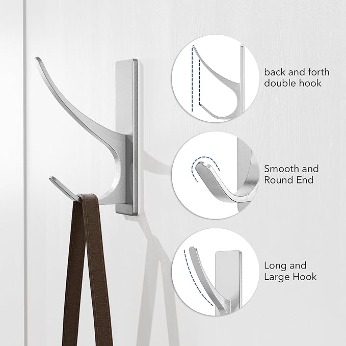 Self-Adhesive Coat Hooks for Hanging - Heavy Duty Stainless Double Wall Hook for Towel, Backpack, Hat, Sturdy Metal Hanger for Bathroom, Bedroom, Door, Wall Mounted, 4-Pack, Silver, New