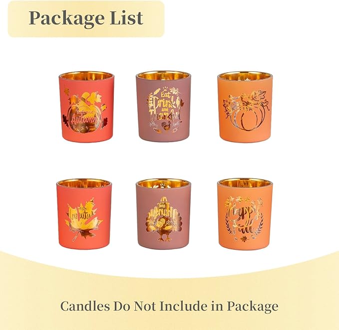Hewory Thanksgiving Votive Candle Holders: Fall Glass Tea Light Candle Holder Set of 6, Thanksgiving Table Decorations Centerpieces for Dinner Tabe Fireplace Mantle Fall Decorations for Home Party