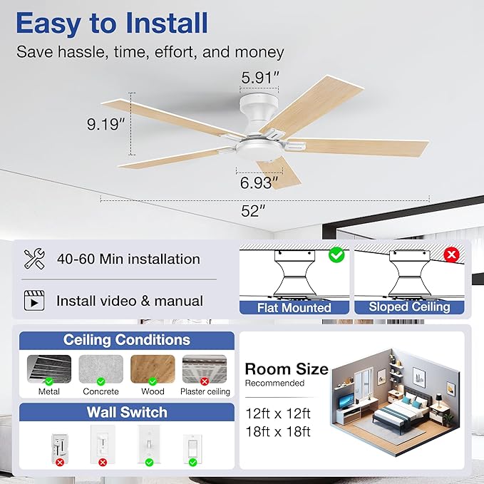 52 Inch Ceiling Fans with Lights,Smart Low Profile Ceiling Fan with Light and Remote Control,Alexa,APP,White Flush Mount Ceiling Fans for Bedroom,Patio,Outdoor Indoor Use,Dimmable LED,6 Speed,Quiet