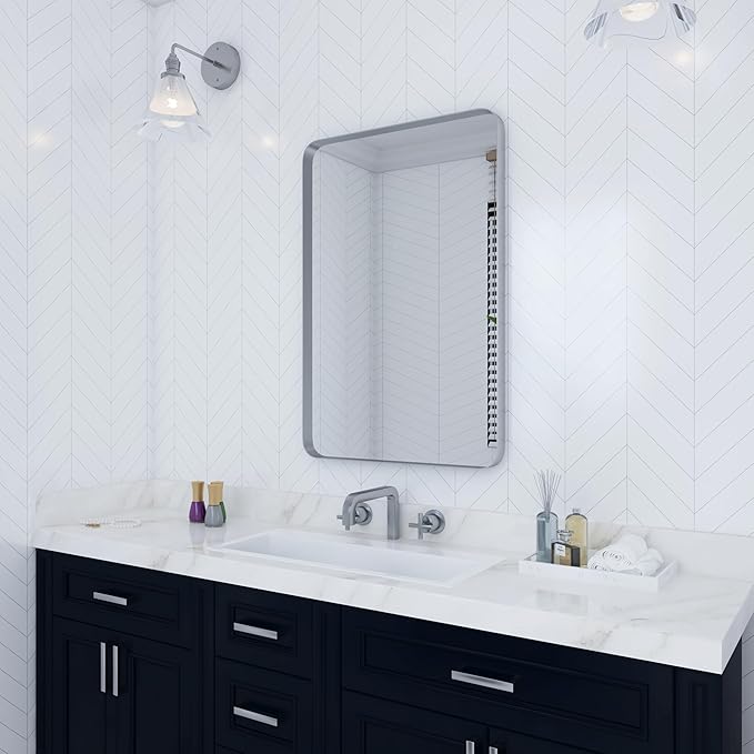 VocalStar 18 x 26 Inch Silver Bathroom Mirror for Wall, Metal Framed Rounded Rectangle Vanity Mirror Modern Farmhouse, 1/4-inch Shatterproof Glass | Ultra-Flush Hanging