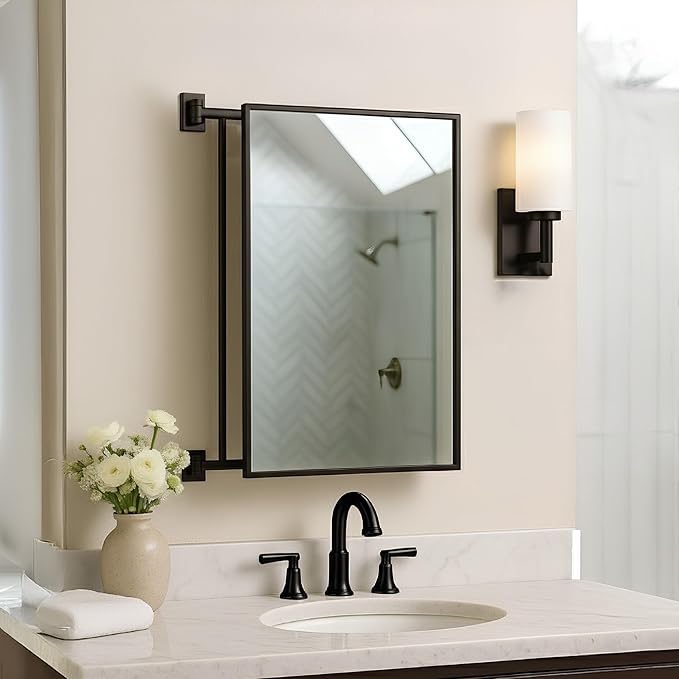 BRIXWELL Pivot-N-Vue Double Hinged Rectangular Mirror, Tubular Steel with Silver Brazed Joints, Matte Black Finish, 14" Width x 22" Height, 10" Extendable Arms, Adjustable Wall Mount Mirror