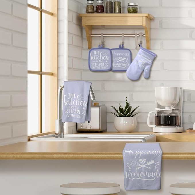 Sratte 6 Pcs Kitchen Decor Accessories Set Farmhouse Towels Pot Holders Oven Mitts Set 2 Dish Towels 2 Potholders 2 Cooking Mittens Oven Glove for Christmas Baking Cooking(Dreamy Purple,Kitchen)