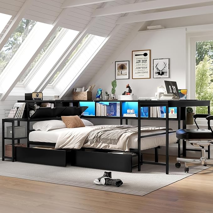 Full Corner Bed Frame with Desk, LED Lights & Charging Ports, L-Shaped Daybed with Storage Drawers, Bookcase & Open Shelves, Modern Full Size Daybed for Kids, Teens & Compact Bedrooms,Black