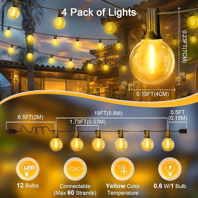 LAMPHOME 4 Pack LED Outdoor String Lights, 26FT Yellow Patio Lights with 12+1 Edison Shatterproof Bulbs,Waterproof Connectable Dimmable Outside Hanging Lights for Backyard Porch Garden Party Decor