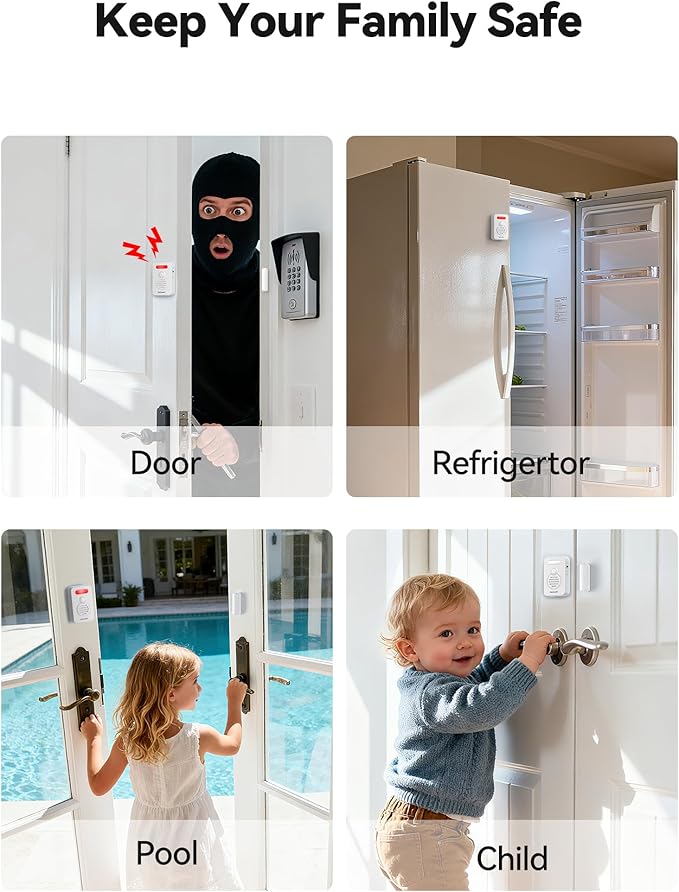 TECKNET Door Alarms for Kids Safety, Door Alarms When Opened, Window Alarm with Smart Voice Alert, 4-Level Adjustable Volume, Refrigerator Sensor Pool Alarm for Home Security、Fridge and Window, 2Pcs