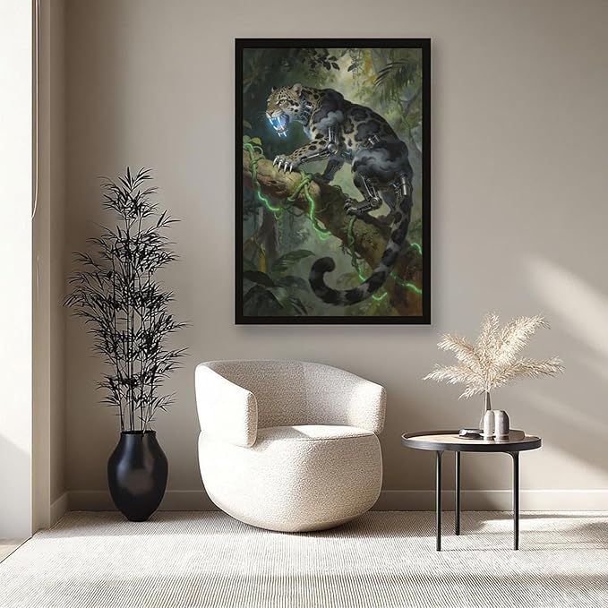 Framed Steampunk Mechanical Leopard Wall Art - Jungle Futuristic Beast Poster for Man Cave Living Room Decor 20x30in