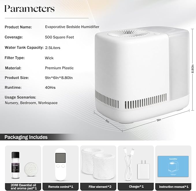Evaporative Humidifier for Bedroom (No Mist) – Dishwasher Safe, No White Dust, Smart Remote with Sensor, Red Sleep Light, White Noise, Nursery Humidifier with 2.5L Tank, 2 Filters & Aroma Kit