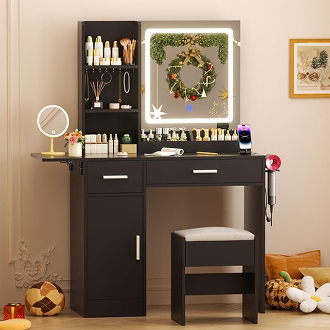 Vanity Desk with Mirror and Lights & Extral Foldable Desk, 35.43" & 43.3" Makeup Vanity Table with Stool and Plug Outlet, 5 Drawers and Open Shelves Dressing Table for Bedroom,Black
