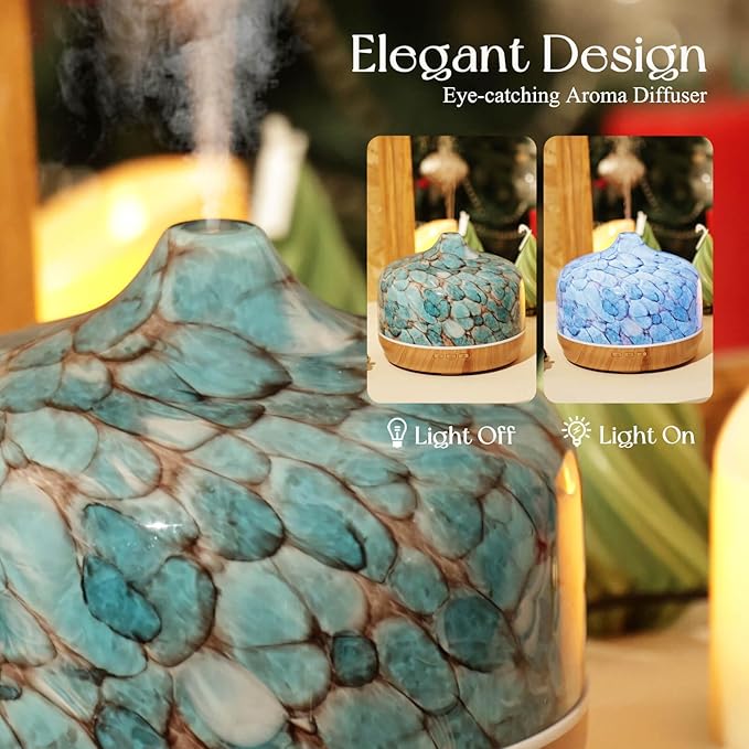 Porseme 500ml Glass Essential Oil Diffuser Aromatherapy Ultrasonic Cool Mist Humidifier 15-21 Running Hours Diffusers with Remote Control for Sleeping Yoga Working Spa(Blue)