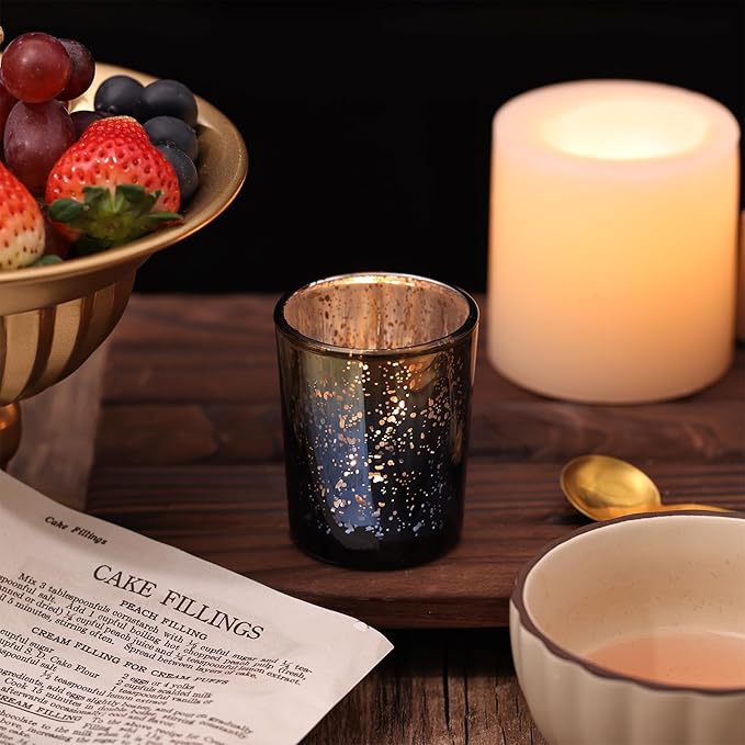 Volens Navy Votive Candle Holders Set of 12, Speckles Mercury Glass Tealight Candle Holder Bulk for Table Wedding Centerpiece, Navy Blue and Gold Themed Party Decorative & Home Decor