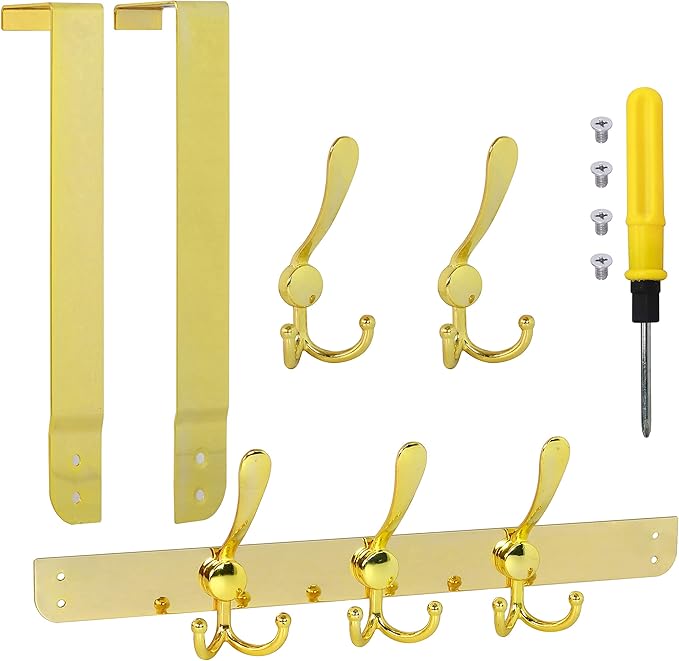 SKOLOO Over The Door Hook - for Doors up to 1-3/4'' Thickness, Pack of 2, Metal Door Hanger with 5 Triple Hooks, Over The Door Hanger for Coats, Hats,Towels, Gold, Assembly Required