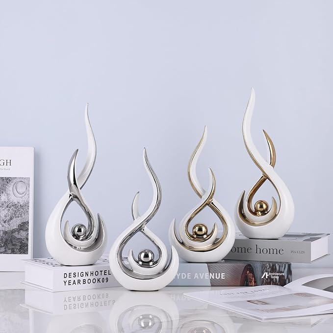 2PCS Abstract Art Ceramic Sculptures, Modern Decor Figurines for Living Room Decorative Objects, Sculptures Home Decor Set for Table, TV Stand, Entryway, Bookshelf Display (White Silver)