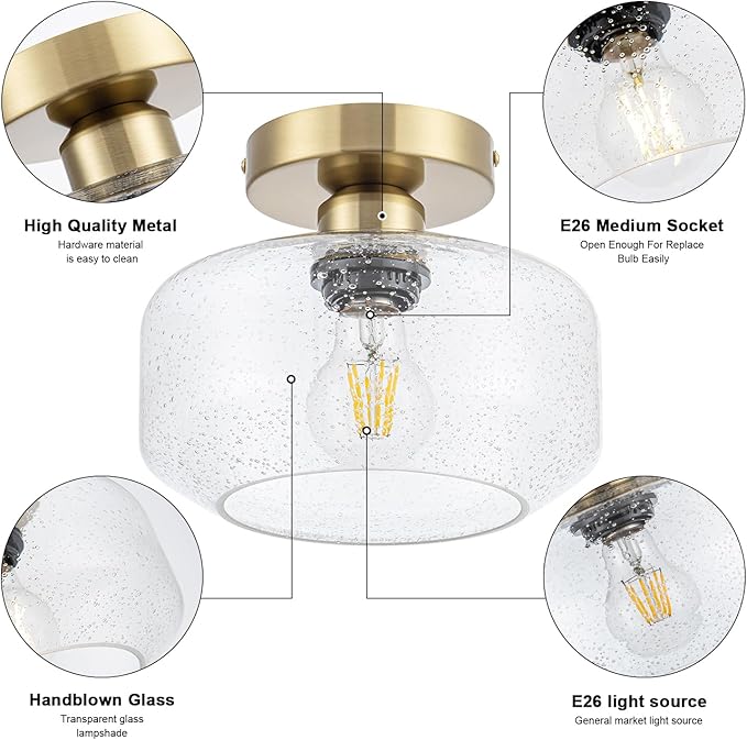 Tbaoinal Semi Flush Mount Ceiling Light Seeded Clear Glass Shade Matal Base, Inclede 900 LM LED Bulb, Low-Profile for Kitchen/Hallway/Entryway/Bathroom,Bronze Color
