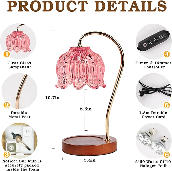 Pink Candle Warmer Lamp with Timer, Dimmable Candle Lamp Warmer, Birthday Gift Idea for Women Mom Who Have Everything, House Warming for New Home, Lotus Wax Melt Warmer for Jar Candles