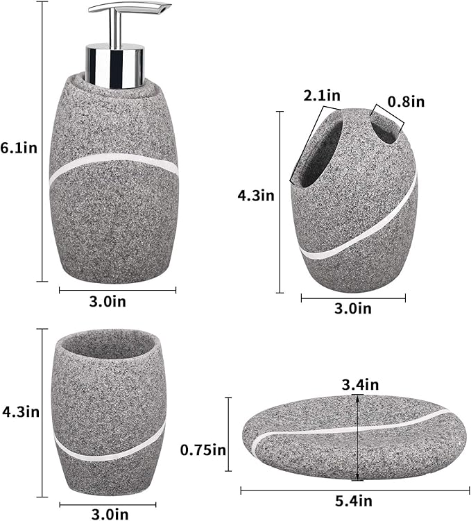 Bathroom Accessory Set,4 Pieces Bathroom Decor Accessories Complete Set Vanity Countertop Accessory Set,Includes Bathroom Soap Dispenser Set,Toothbrush Holder Set,Tumbler,Soap Dish,Grey Granite