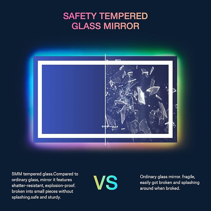 LOAAO 60”X36“ RGB LED Bathroom Mirror with Lights, Large, Anti-Fog, Dimmable Smart Lighted Bathroom Vanity Mirror, Multiple Light Modes, RGB Backlit + Front Light, Memory Function, Tempered Glass