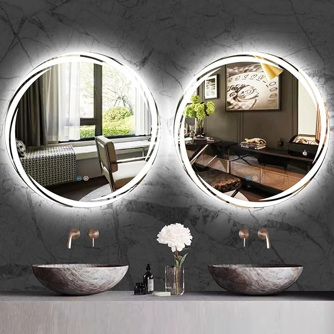 24 Inch Unique Swivel Round Lighted Mirror for Bathroom Hotel Wall LED Round Vanity Mirror with Lights Smart Memory 3 Color Dimmable AntiFog 24" Frameless Backlit Rounds Circle Lighted Mirrors