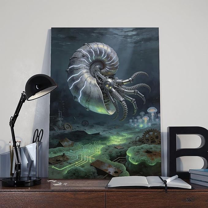 Framed Steampunk Mechanical Nautilus Wall Art - Underwater Industrial Poster for Man Cave Studio Decor 20x30inch(50x75cm)