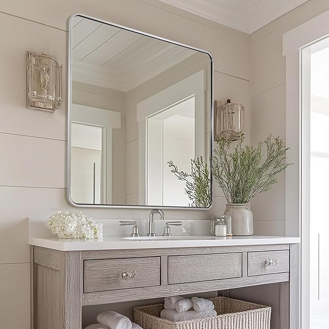 ANDY STAR 36x36 Inch Brushed Nickel Bathroom Mirror, Rounded Square Bathroom Vanity Mirrors for Wall, Anti-Rust SUS304, Seamless Tube Metal Frame, 1’’ Deep Wall Mounted Vertically/Horizontal