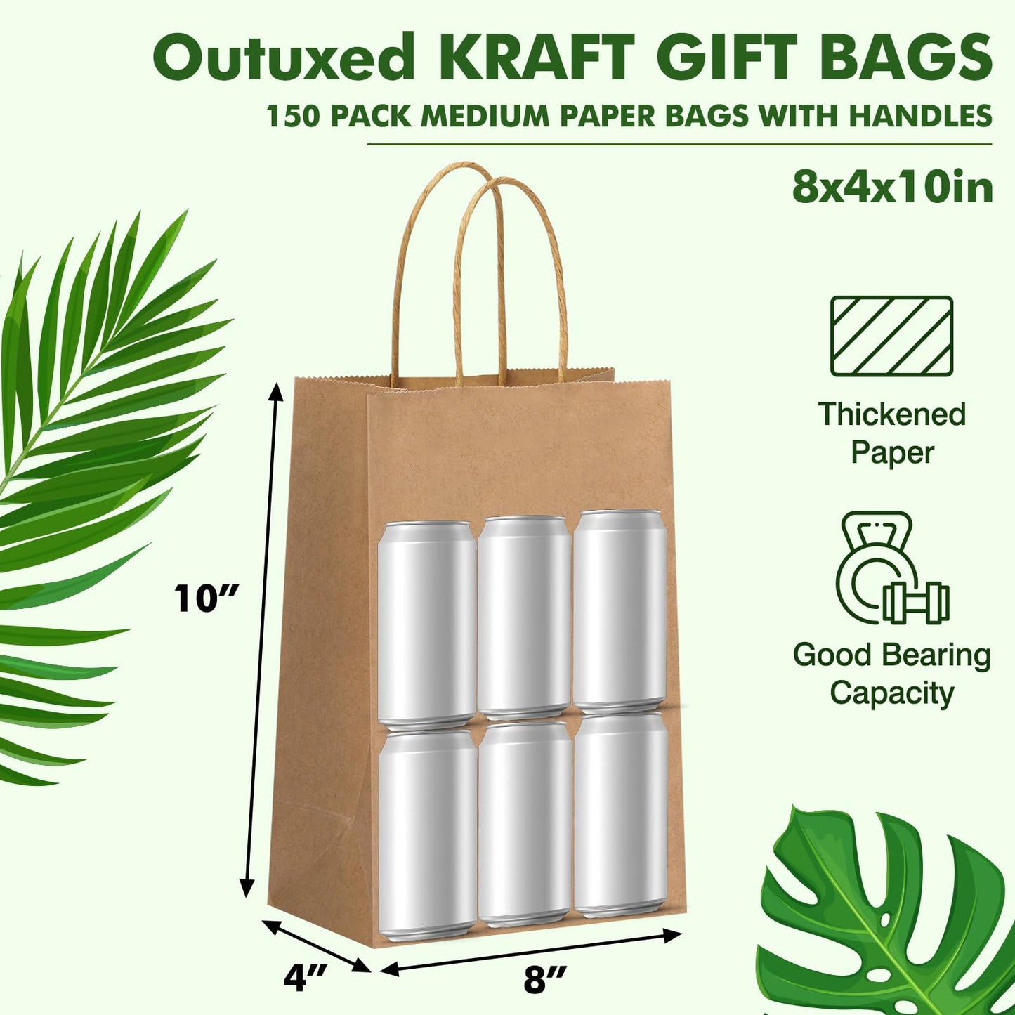OUTUXED 150pcs Brown Paper Gift Bags, 8x4x10in Brown Kraft Paper Bags with Handles Bulk Medium Size for Retail, Shopping, Wedding, Favor, Birthday Party, Business, Grocery