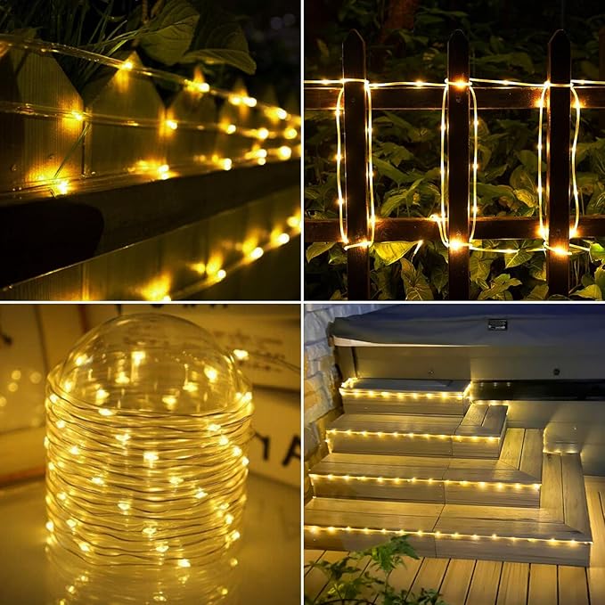 Solar Rope Lights, 33ft 100LED Solar String Lights, 8 Modes Waterproof Solar Powered Outdoor Light, Flexible Clear Tube Light for Garden, Backyard, Patio, Deck, Porch, Pool,Tree Decoration- Warm White