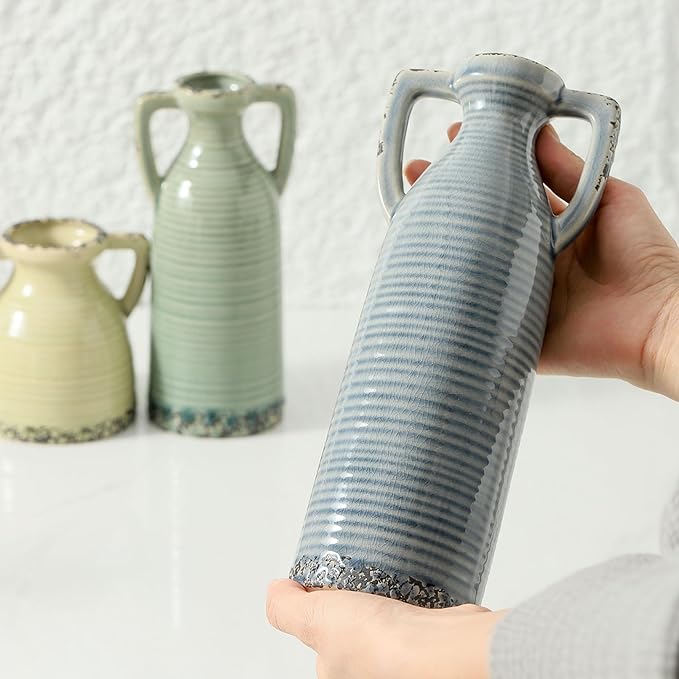 Ceramic Vase Set of 3 - Farmhouse Vase Set for Modern Decoration, Rustic Crackle Round Vases for Home Decor, Dining Table, Living Room, Kitchen, Office, Shelf - Multicolor