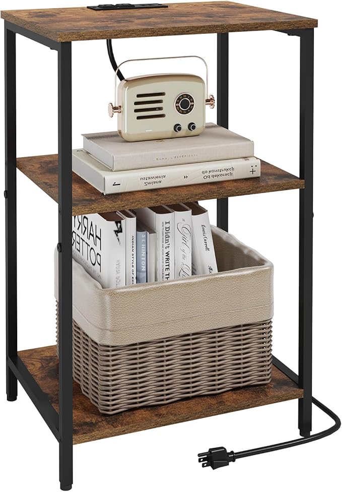 X-cosrack Side Table with Charging Station, End Table with USB Ports and Outlets, Nightstand with Storage Shelves for Small Space, Sofa Couch Table Bedside Table for Living Room Bedroom