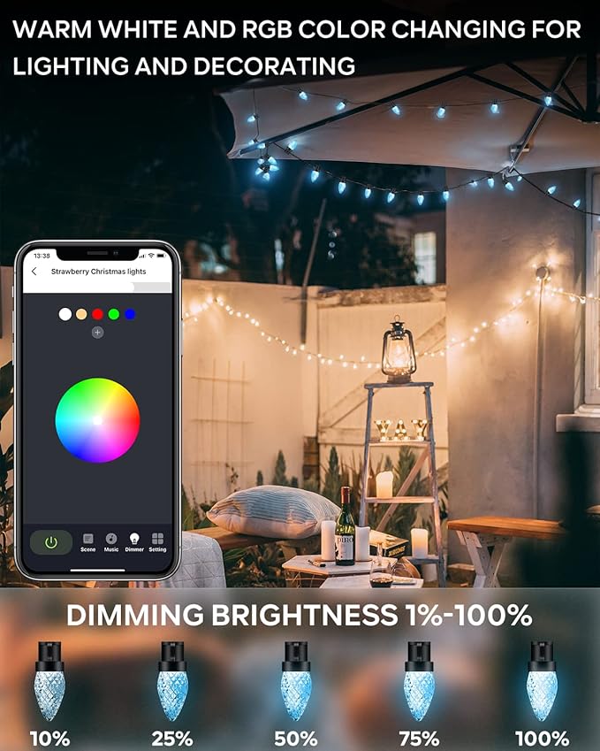Patriotic Decorations - Smart C9 Christmas Lights Outdoor RGB, 66Ft 100 LEDs Dynamic 4th of July Decorations DIY Chasing Effects APP Remote Controlled, Waterproof, Music Sync Lights for Roofline Fence