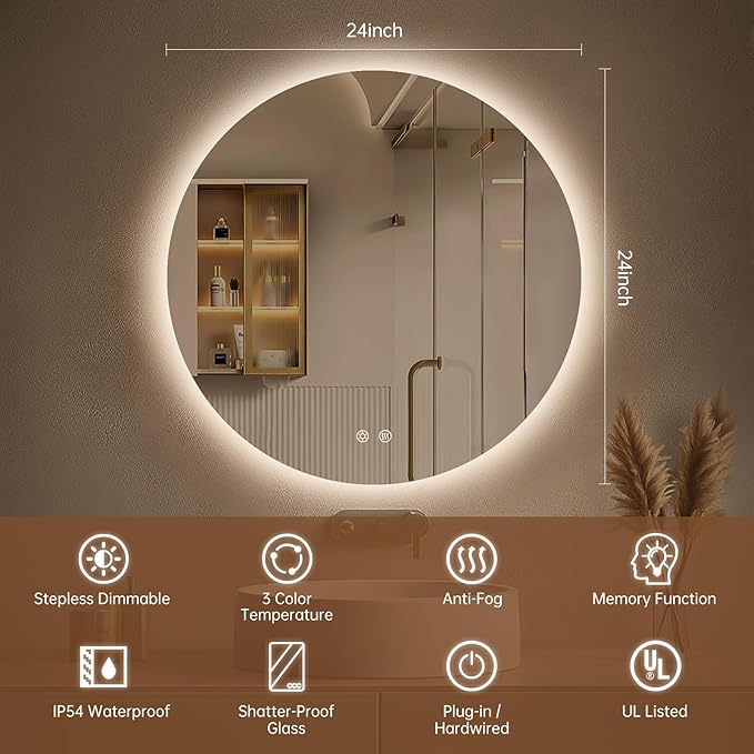 LOVESPEJO 24 Inch Round Backlit Bathroom Mirror with Lights, Circle LED Mirror for Bathroom, Fogless, Stepless Dimmable, 3 Color Changing, Memory, IP54, Shatterproof