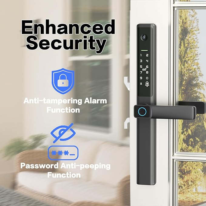Sliding Door Smart Lock with Handle Keyless Entry Sliding Door Lock with Fingerprint Code RFID Card Keypad Digital Key APP Remote Replacment Slim Thin Frame Patio Door with Handle