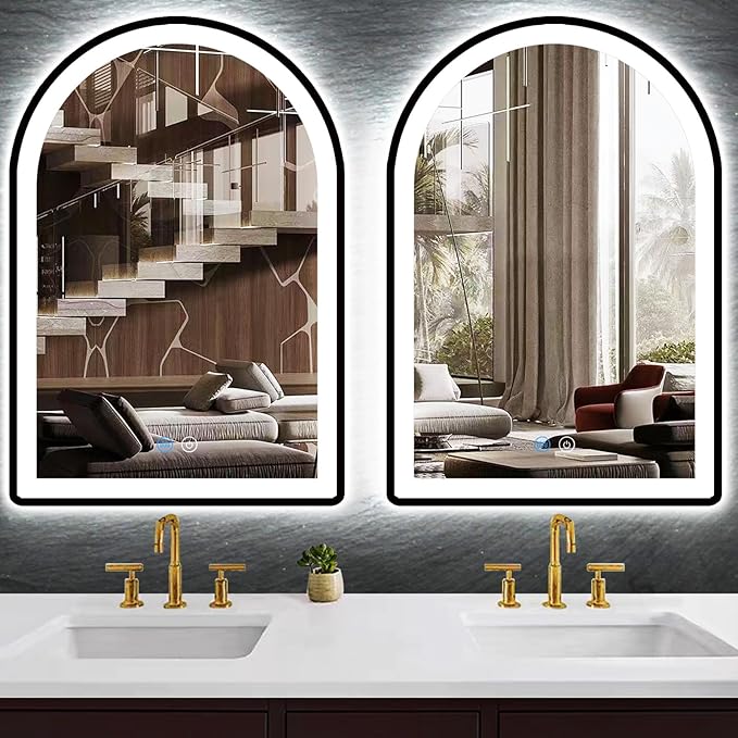 20 x 28 Inch Black LED Arch Mirror with Lights Black Frame Arched LED Vanity Mirror for Bathroom Wall Makeup Desk Black Framed Arch Lighted Mirror 3Color AntiFog 28" Arch Smart Light up Mirror