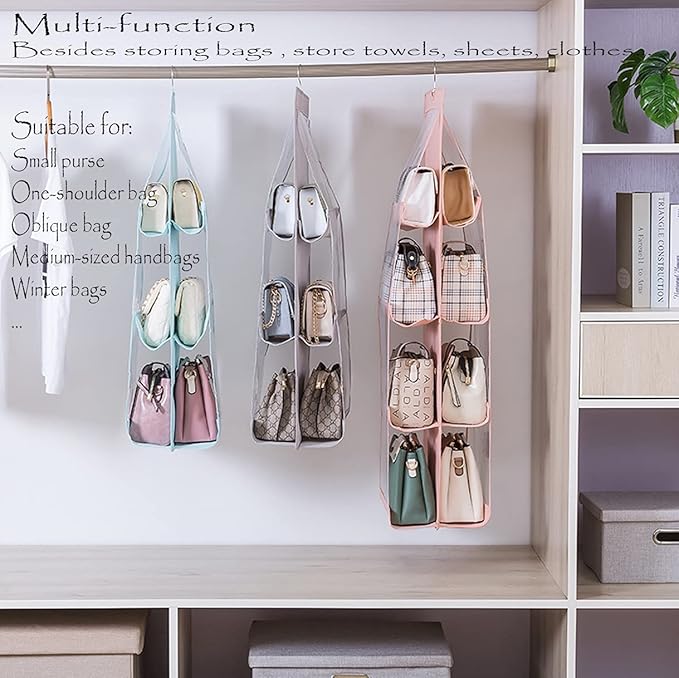 MURRI&MURRDI 2 Packs Hanging Handbag Organizer for Closet, Purse Storage Holder with 8 Easy Access Clear PVC Pockets, Womens Purse Hanger Bag for Wardrobe Door Wall Space Saving, Gray