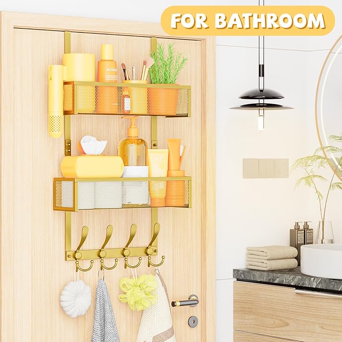 Over The Door Hooks Organizer,Coat Rack with 12 Hooks and 2 Mesh Baskets,Back of Door Storage Organizer for Bathroom,Bedroom,Kitchen,Office (Gold)