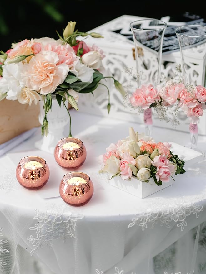 12 Pcs Rose Gold Candle Holders for Birthday Party Decorations- Mercury Glass Votives Tea Lights Holders for Wedding/Bridal Shower/Mother's Day Table Centerpieces, Rose Gold Party Supplies for Women