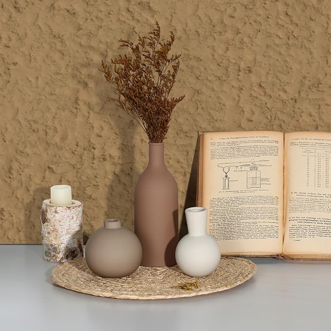 Ceramic Vase - Handmade Pottery Neutral Tone Home Decor for Floral Arrangements, Table Mantel Tray Decor - Modern Farmhouse Vases for Living Room Bedroom Kitchen Entryway (Multicolor-Brown, 3 PCS)