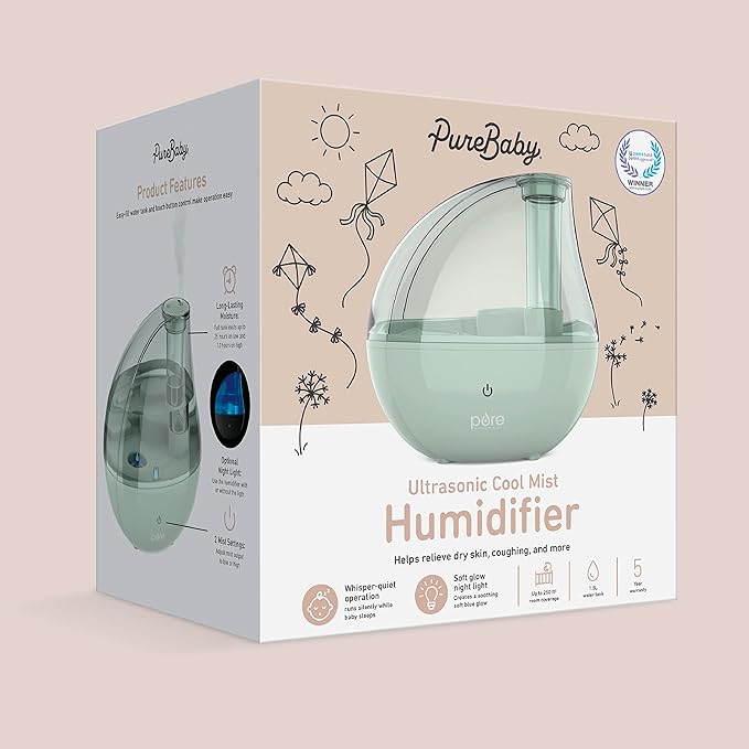 Pure Enrichment PureBaby Ultrasonic Cool Mist Humidifier & Soft Glow Night Light, Whisper-Quiet and Ideal for Baby Nurseries & Kids Bedrooms to Relieve Congestion, Colds, & Coughs (Whisper Green)