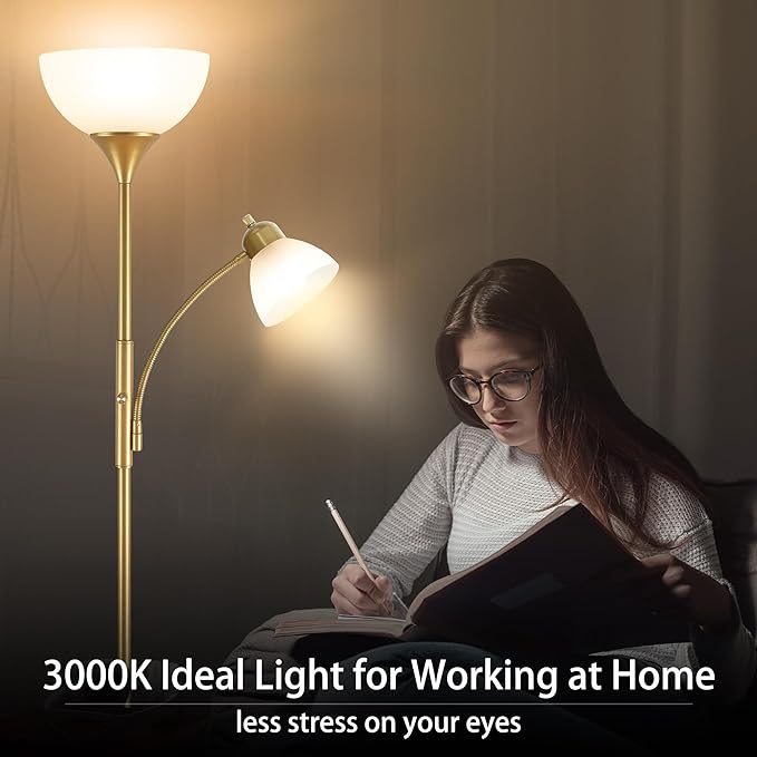 Floor Lamp, Standing lamp, Stepless Dimming Brightness, Included 9W and 5W LED Bulbs, Lamp for Living Room, Bedroom, Office, Reading