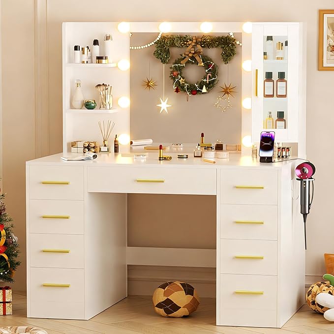 Vanity Desk with Mirror and Lights, Large 43" Makeup Vanity Desk with 9 Drawers and Power Outlet, 3 Open Shelves, White and Gold