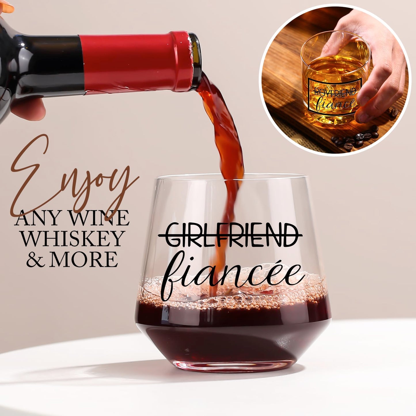 comfit Engagement Gifts for Newly Couples - Fiance Fiancee Gifts, Boyfriend & Girlfriend Wine and Whiskey Glass Set, Wedding Gift for bride and groom, Future Mr and Mrs Just Engaged Gift
