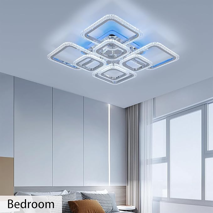 STCH Modern LED Ceiling Light Dimmable,23.6” Flush Mount Ceiling Light,8 Squares Chrome Acrylic Remote Control Chandelier Lighting Fixture for Living Room Office Dining Room Kitchen Bedroom,100W